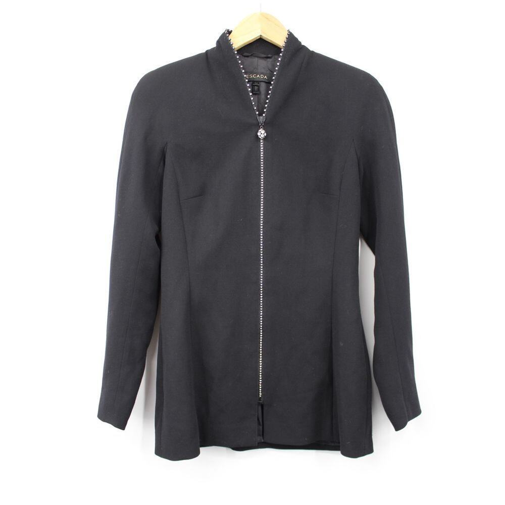 Escada‎ Blazer Rhinestone Crystals Zipper Wool Jacket Black Lined Size 34 Small